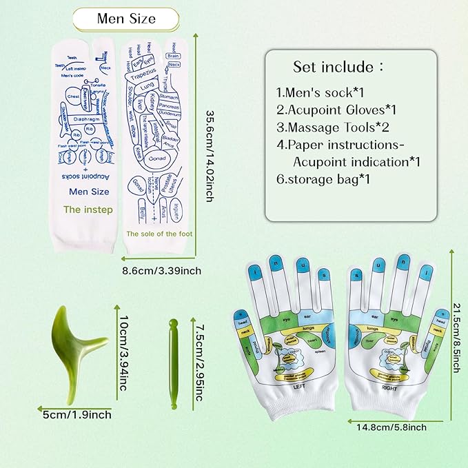 Reflexology Socks with Gloves Tools Set, Foot Massager Socks with 2pc Massage Tool, Reflexology Socks with Trigger Point Massage Tool, Socks Suitable for Men