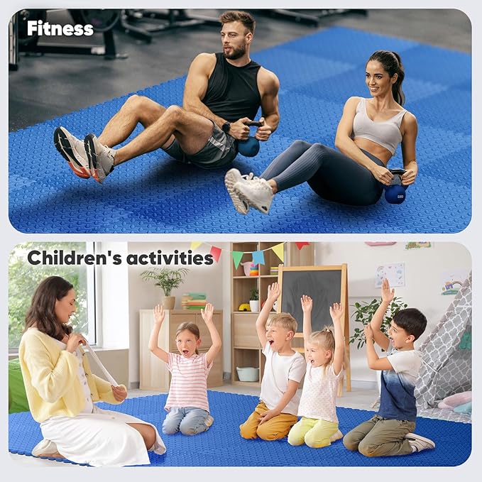 Home Gym Mat, Puzzle Exercise Mat, of EVA Interlocking Foam Floor Tiles for Home Workout Equipment and Kids' Play Areas - Blue, 24 in x 24 in x ½ in - 16 Tiles (Blue, 16 Pack 64 sq ft)