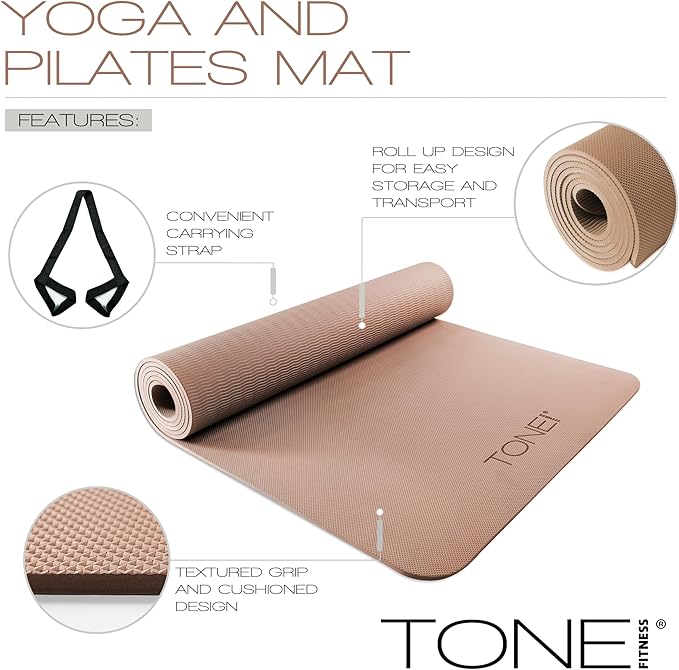 TONE Fitness Yoga Mat 1/4" Thick Non Slip Exercise & Pilates Mat for Home Workouts with Carrying Strap | Multiple Options