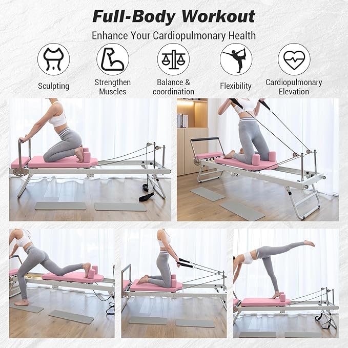 Pilates Reformer Machine Equipment Pink ,Foldable Home Reformer Pilates with Resistance Cords for Workout,Paeta Pilates Reformer
