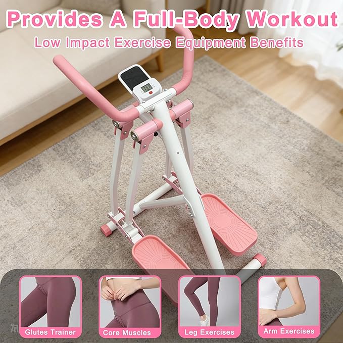 Elliptical Machine Glider - Foldable Cardio Cross Trainer for Home, Exercise Machine with LCD Display, Low-Impact Full-Body Workout Equipment for Small Spaces, Leg and Arm Exercise Machine, Pink