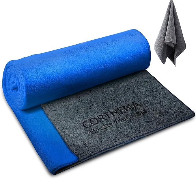 Yoga Mat Towel with Hand Towel, Extra Thick (600GSM) Soft Hot Yoga Towel, Non-Slip and Sweat Absorbent for Hot Yoga, Bikram, Pilates, and Fitness, 72" x 27.5", Dual-Color, Grey/Blue