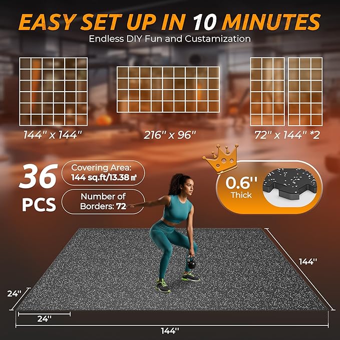PRAISUN 0.6" Thicker Rubber Top Gym Flooring for Home Gym, 36 Pcs 144 Sq Ft Workout Mats, Exercise Mat, Interlocking Rubber Floor Mats with High Density EVA Foam for Garage, 24 x 24in, Black/Grey