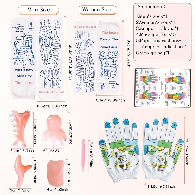 Reflexology Socks with Gloves Tools Set, 2 Pairs Foot Massage Socks for Men Women, Reflexology Socks with 5pc Tools, Socks with Trigger Point, Acupressure Massage Socks for Women and Men