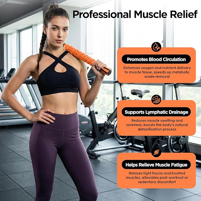 Muscle Roller & Massage Roller Stick for Athletes - Lymphatic Drainage Support, Relieves Muscle Soreness, Cramping & Tightness - Targets Legs, Arms, Back & Calves （Orange - 18inch）