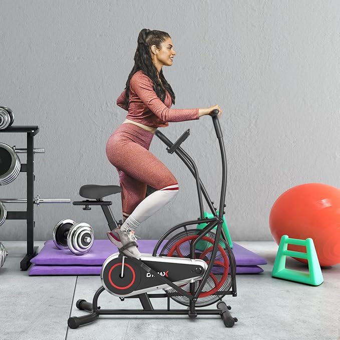 HOMGX Air-Resistance Exercise Bike, Cycling Exercise Machine with Dual Action Handlebars, Real-Time Monitor and Adjustable Seat for Leg/Arm/Full Body Workout, Fan Bike for Home Training