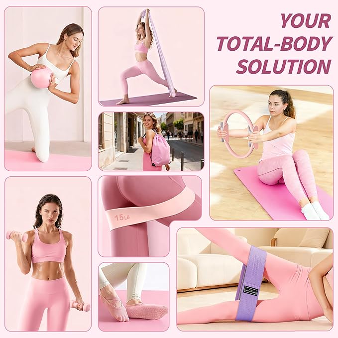 Pilates Kit, Pilates Essential Kit for Women, Pilates Equipment with 14.5" Pilates Ring and Ball, Resistance Bands,Dumbbells & Grip Socks Accessories, Home Pilates Workout Kit for Starter