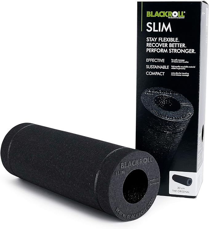BLACKROLL - SLIM Foam Roller, Portable Massage and Fitness Tool for Muscle and Myofascial Release, Compact for Yoga and Workouts, Trigger Point Therapy, Foot Roller and Back Stretcher, 12” x 4”, Black