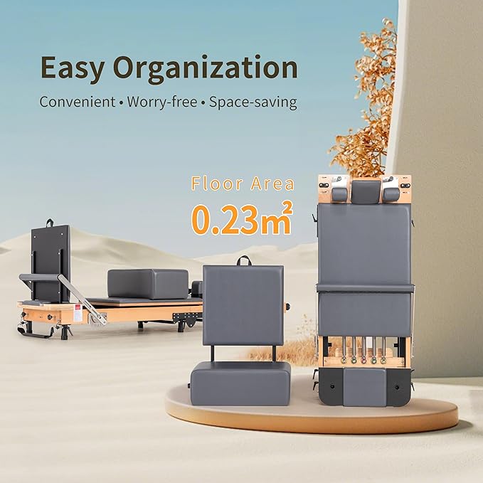 Foldable Oak Wood Pilates Reformer Machine with Reformer Box & Jump Board for Home, Studio, Gym & Yoga - 12-Level Resistance, Adjustable Shoulder Pad, Lightweight Aluminum Frame & PU Leather Carriage