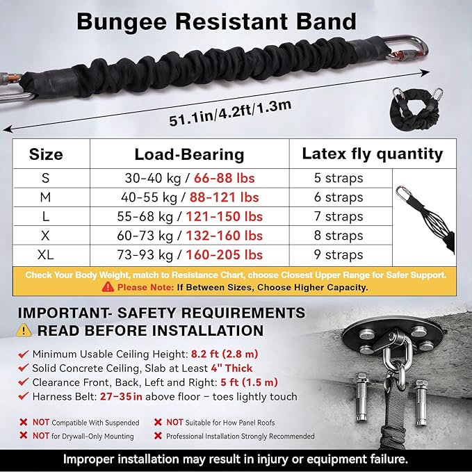 Bungee Fitness Equipment Set (Size S, 66–88 lbs), Low-Impact Joint-Friendly Trainer for Aerial Yoga & Dance, 360° Swivel Adjustable Harness, Shock-Absorbing Latex Resistance for Home Gym Workout