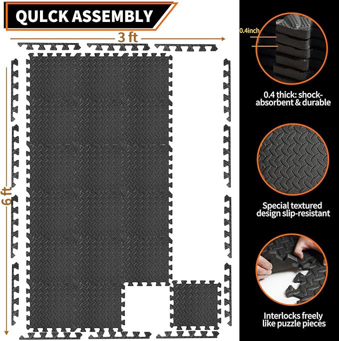 18 Pack Interlocking Gym Flooring Mats for Home Gym, 0.4 Inch Thick Non-Slip EVA Foam Puzzle Exercise Tiles with Edge Strips, Shock Absorption for Workout, Yoga, Treadmill, Garage, Basement
