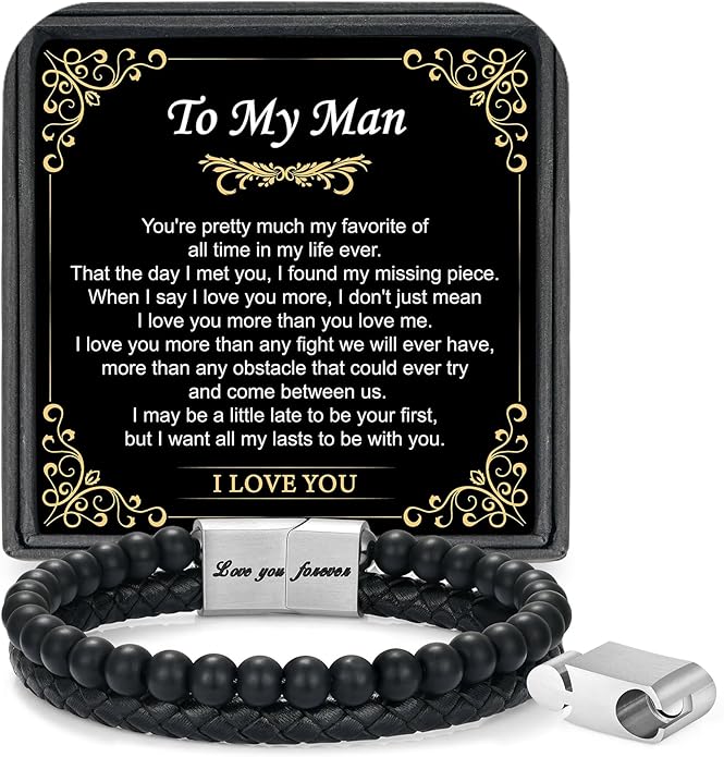 LUXEJEW Gifts for Men - Beaded Leather Bracelet 6mm Matte Agate Stone Bracelets for Men Dad Son Husband Boyfriend Grandpa Grandson Brother Uncle Nephew Adjustable Magnetic Clasp