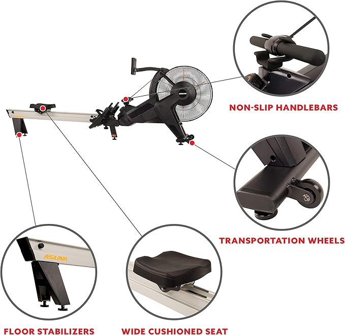 Sunny Health & Fitness AeroForce Fan Rower, Commercial Grade Rowing Machine with Performance Monitor, Long Foldable Rail for Home Cardio Training, Optional Dual Resistance