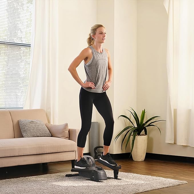 Sunny Health & Fitness Under Desk Elliptical Machine, Portable Sitting or Stand Peddler Exerciser for Seniors Home Office, SunnyFit App Access via Bluetooth with Optional Handlebar or Resistance Band