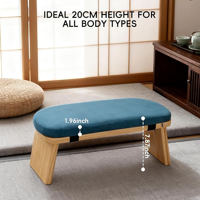 Natural Beech Wood Yoga Bench, Ergonomic Design for Kneeling, Meditation, Pilates, FSC Certified (Blue)