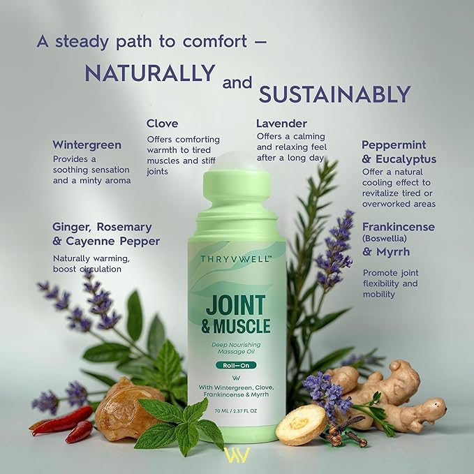 Joint & Muscle Deep Nourishing Oil Roll-On – Non-Greasy, 100% Natural with Essential Oils: Wintergreen, Peppermint, Frankincense, Myrrh, Clove, Lavender & More – 2.37 oz Travel Size