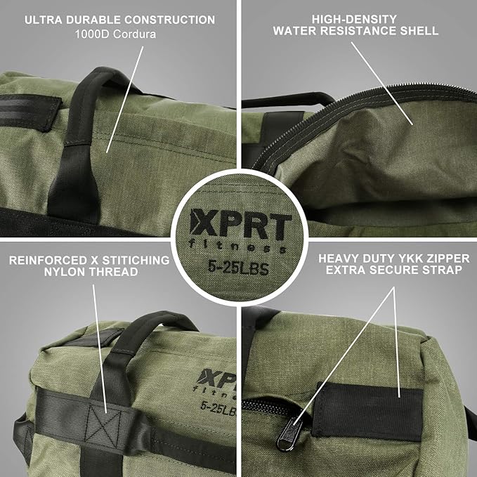 XPRT Fitness Workout Sandbag for Heavy Duty Workout Cross Training 7 Multi-positional Handles - Color Army Green/Black/Camo