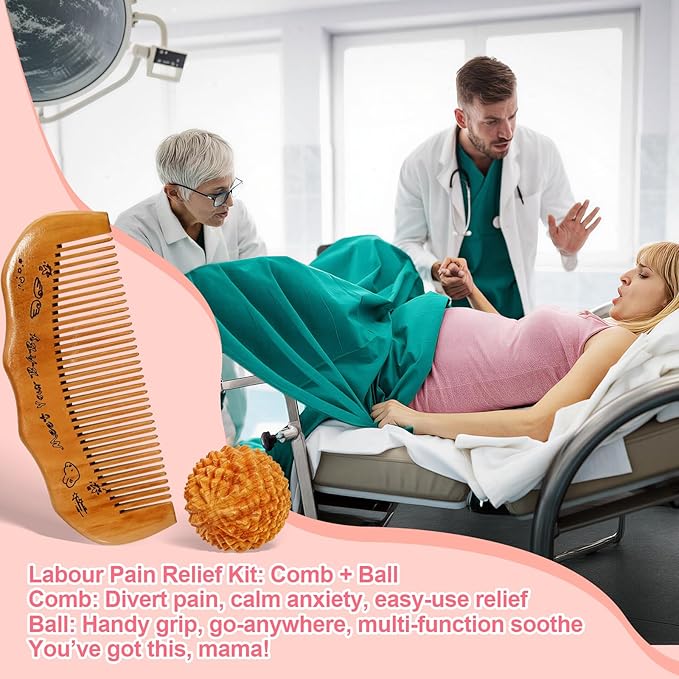 Birth Comb Acupressure Massage Ball Set - Wooden Labor Comb Natural Labor and Delivery Essentials, Mom to Be Gift, New Mom Gifts for Labor Pain Relief