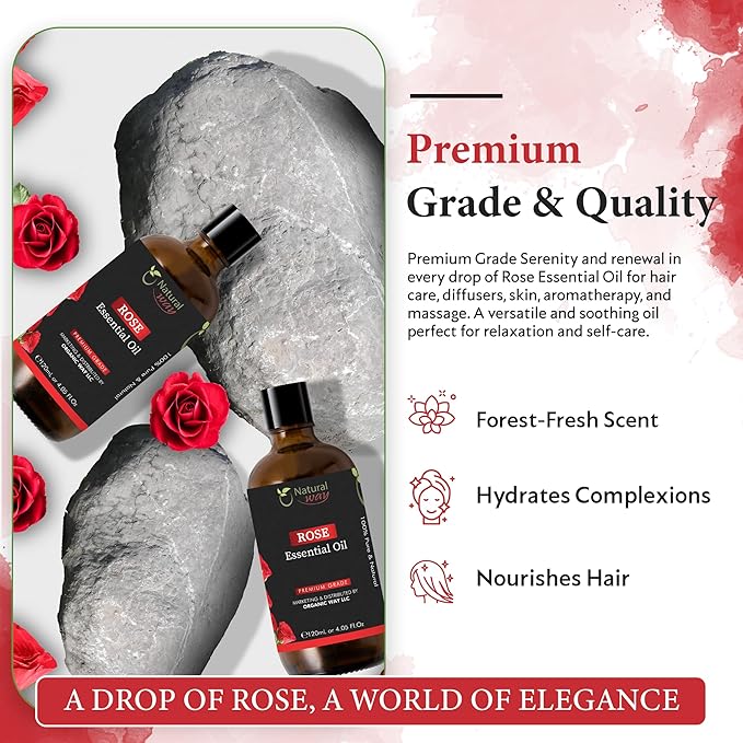 Rose Essential Oil | Pure Aromatherapy Oil for Diffusers, Hair Growth, Skin, Scalp Care, Massage | Refreshing Hair Oil for Women & Men | Natural Essential Oil for Diffuser | 4 Fl Oz (120 mL)