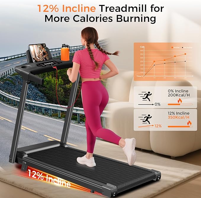 Treadmill with Incline,3.0HP Small Treadmills for Home,Portable Electric Treadmill with Handles,Lightweight Walking Pad,Compact Running Treadmills,Walking Pad with Handle,300LBS Capacity