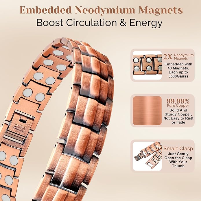 JEROOT Men's 99.99% Pure Copper Magnetic Bracelet, 3500 Gauss Magnets Adjustable with Sizing Tool
