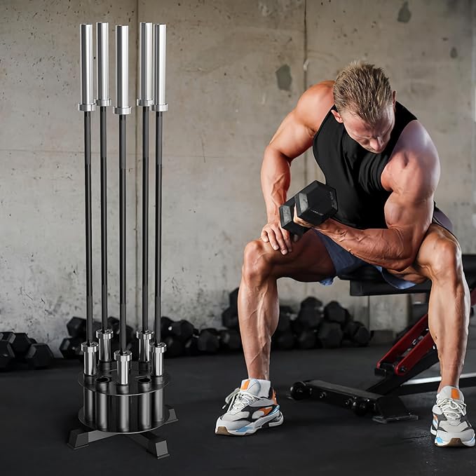 EVERYMATE Vertical Barbell Holder : Rotatable Barbell Holder Floor Stand, Heavy Duty Barbell Rack Stand Fit 2-Inch Olympic Bars, Curl Bars, Triceps Bars Home Gym Organizer Barbell Storage