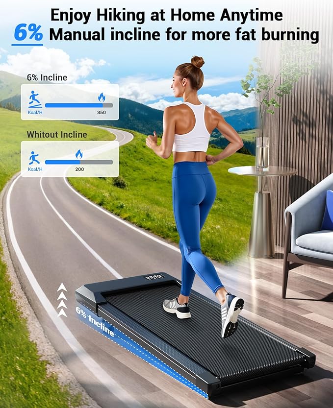 DeerRun Under Desk Walking Pad Treadmill for Home & Office, 6% Manual Incline, 2.5 HP, 0.6–3.8 MPH Walking Speed, 300 lb Capacity, App & Remote Control