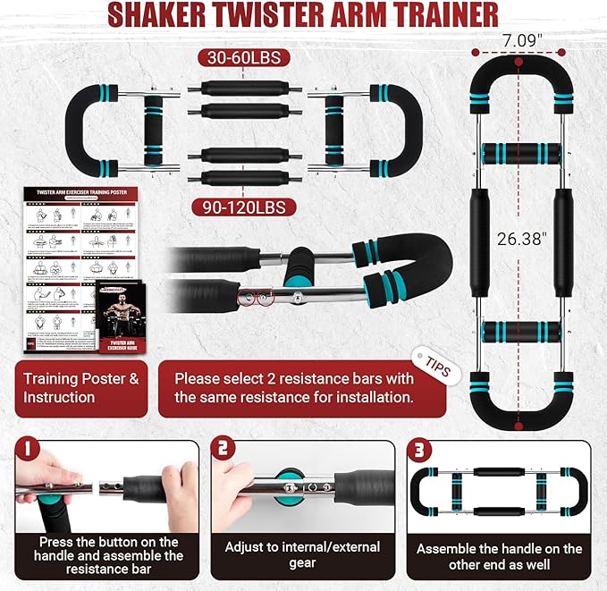 Twister Arm Trainer, 30-120 lbs Adjustable Twister Arm Chest Exerciser with 4 Spring & Poster for Men & Women, Detachable Power Twister Home Fitness Equipment for Enhancing Upper Body Muscle