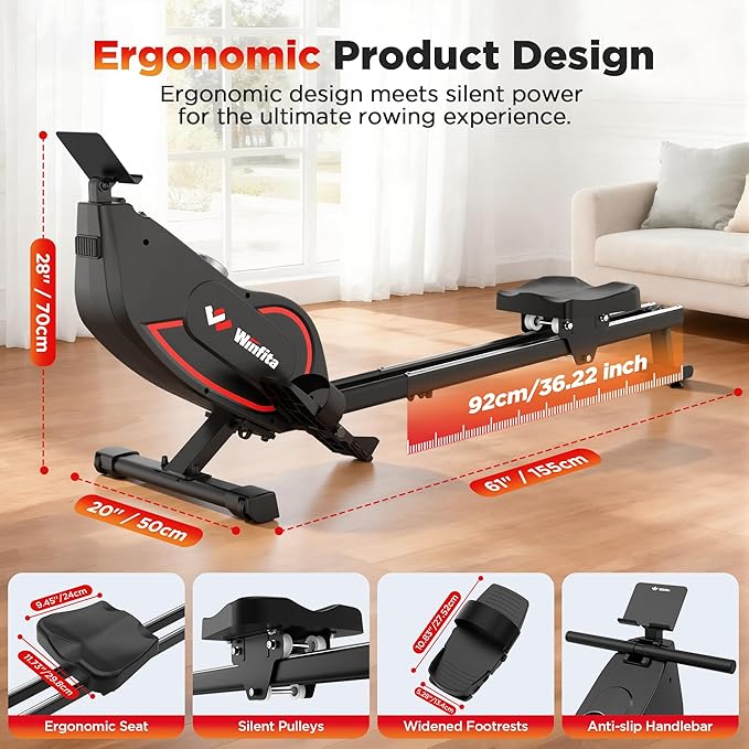 Rowing Machines for Home Use, Compact Rower Machine with 350 LBS Capacity,32-Level Self-Powered Resistance Knob with Real-Time Data Tracking, Dual Rail, Ergonomic Seat, App Support