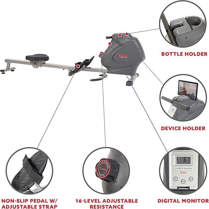 Sunny Health & Fitness Foldable Magnetic Rower, Long Rail & Extended Inseam Range for Home Cardio Workout, Free SunnyFit Training App, Optional Footplate for Standing Exercises