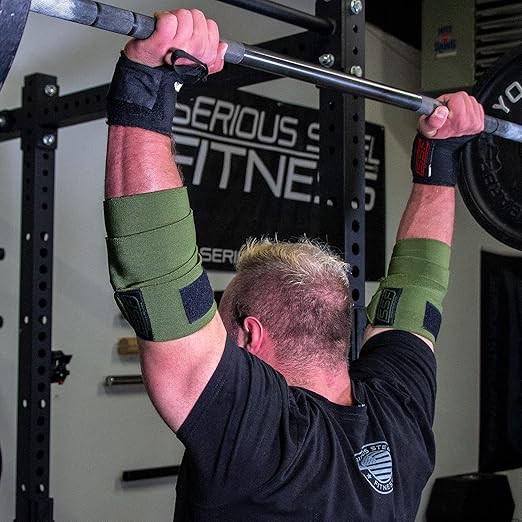 SERIOUS STEEL FITNESS Weightlifting Elbow Wraps (Pair 120 cm (47") or 160 cm (63")) (120 CM (47" - Green - Stiff))