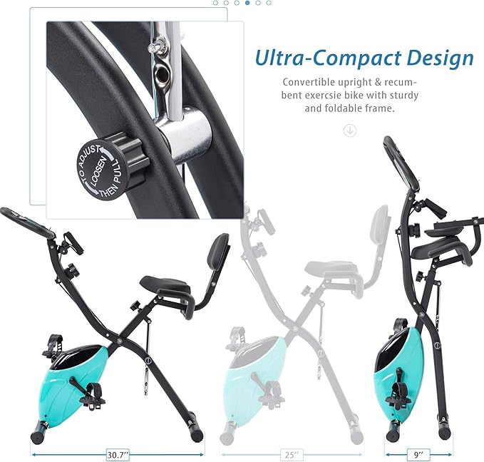 Folding Exercise Bike — 2-in-1 Upright & Recumbent Fitness Bike, 16-Level Adjustable Resistance, Adjustable Backrest, Arm Bands, Compact Foldable Design