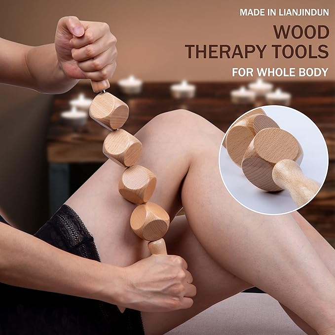 6 in 1 Wood Therapy Massage Tools, Maderoterapia kit, Wood Therapy Set, Lymphatic Drainage Massager, Wooden Gua Sha Tools, Wooden Massager Roller Rope for Body Shaping Anti Cellulite