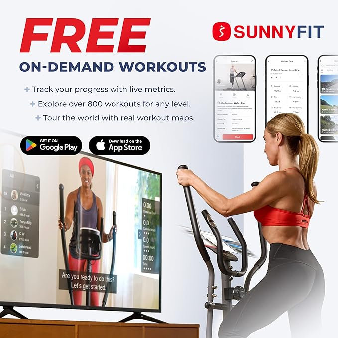 Sunny Health & Fitness Upright Elliptical Machine, Full Body Cardio Exercise with Adjustable Resistance, Arm and Leg Workout Machine, SunnyFit App via Bluetooth Optional Electro-Magnetic Resistance