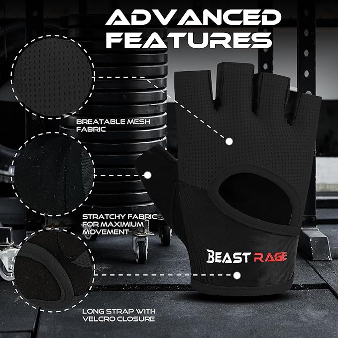 BEAST RAGE Workout Gloves for Men & Women - Fingerless Gym Gloves with Palm Protection, Breathable & Lightweight for Weightlifting, Cycling & Pull Up