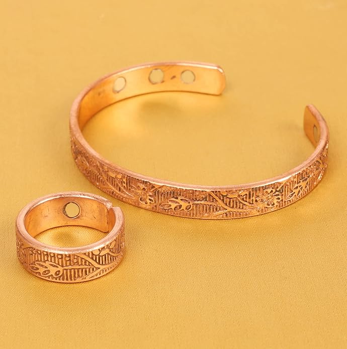 Handcrafted Copper Magnetic Hand Forged with Solid and High Gauge Tibetan Style Minimalistic Elegance Copper Bracelet and Matching Ring.