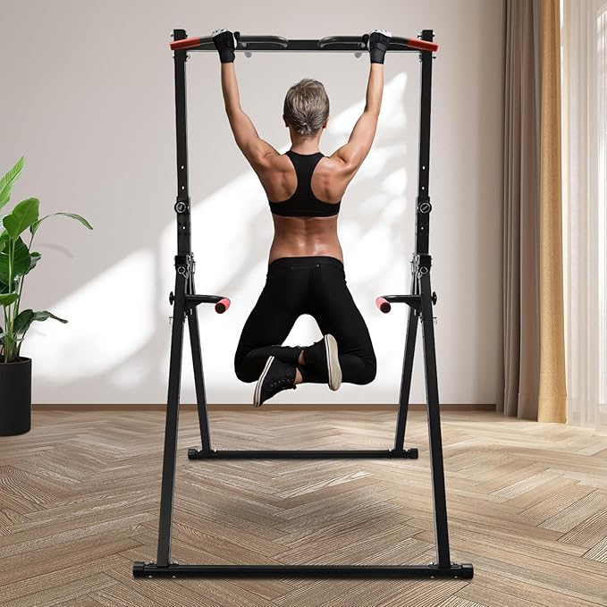 Power Tower Pull Up Bar Station Multi-Function Adjustable Height Foldable Dip Station for Home Gym Workout Heavy Duty Strength Training Fitness Equipment Stable Triangular Structure 440 LBS
