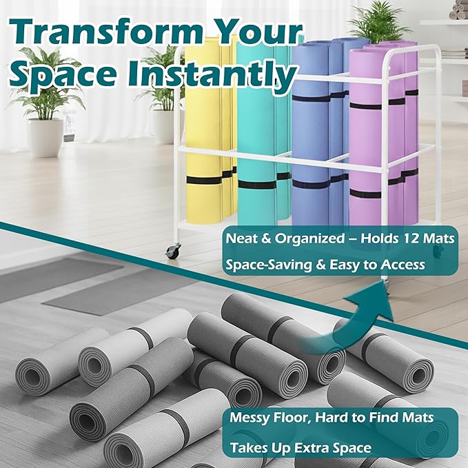 Yoga Mat Rack Storage Basket with Wheels,All-in-One Organizer for Yoga Mat Holder,Home Gym Equipment Storage Cart for Dumbbells, Kettlebells and Foam Rollers