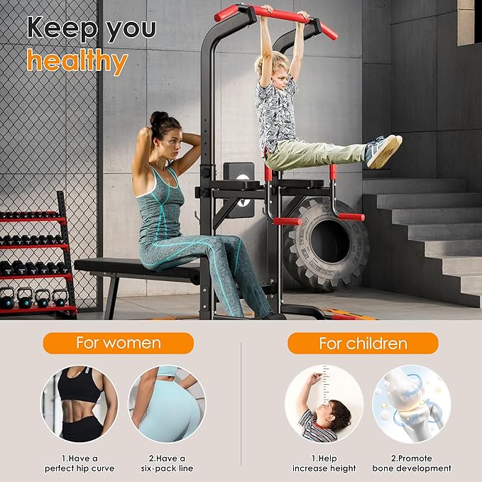 soges Pull Up Bar Dip Station, Power Tower with Folding Dumbbell Bench & Backrest, Adjustable Height Pull Up Bar Stand, Multi-Function Home Gym Strength Training Fitness Equipment 330LBS