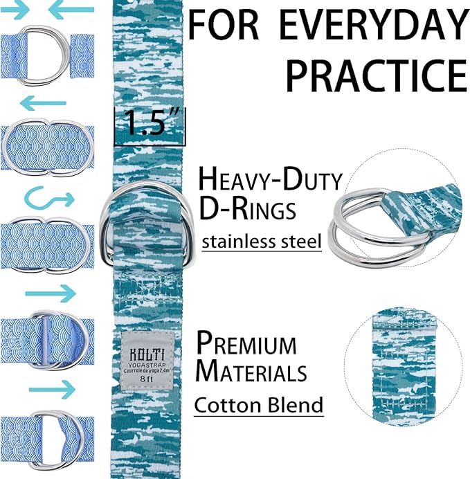 Yoga Exercise Adjustable Straps 8FT with Durable D-Ring for Pilates & Gym Workouts | Hold Poses, Stretch, Improve Flexibility & Maintain Balance