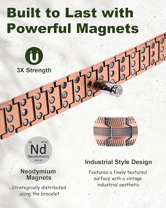 MagEnergy Copper Bracelet for Men, 3X Strength Magnetic Bracelet with 99.99% Pure Copper Ring & 3500 Gauss Magnets, Adjustable Length with Sizing Tool