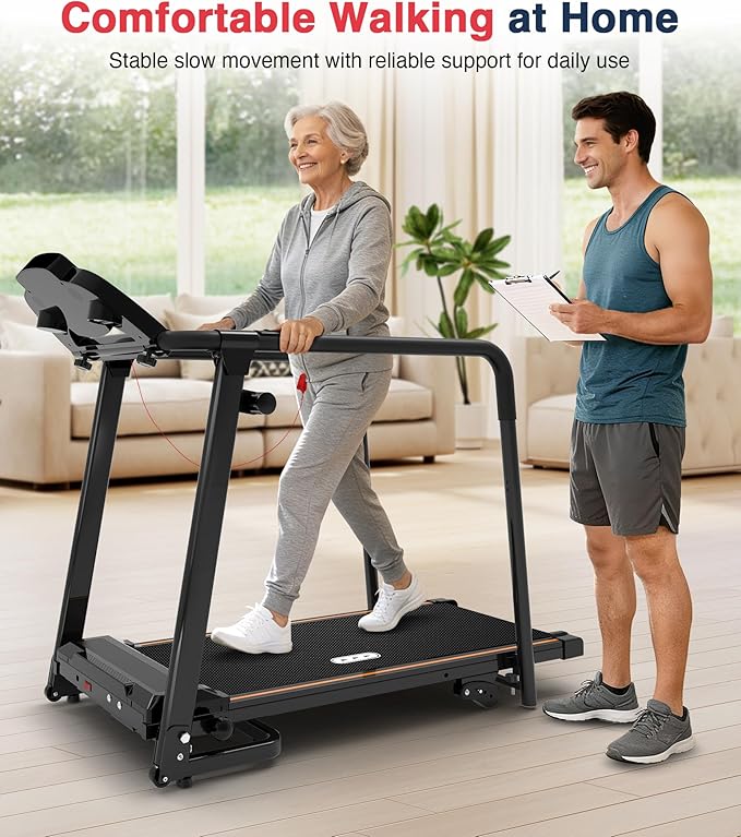 Redliro Walking Treadmill with Long Handrails – Treadmill for Seniors 300 lbs Capacity – Foldable, Lightweight with Wheels, Cup & Phone Holder – Recovery Machine for Home or Apartment