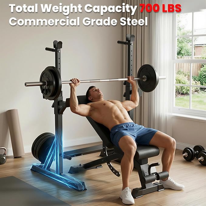 Adjustable Bench Press Rack Stand, 700lbs Heavy Duty Barbell Rack with Dip Station and Push Up Handles, Width Adjustable for 6ft 7ft 8ft Bars - Home Gym Strength Training Infrastructure