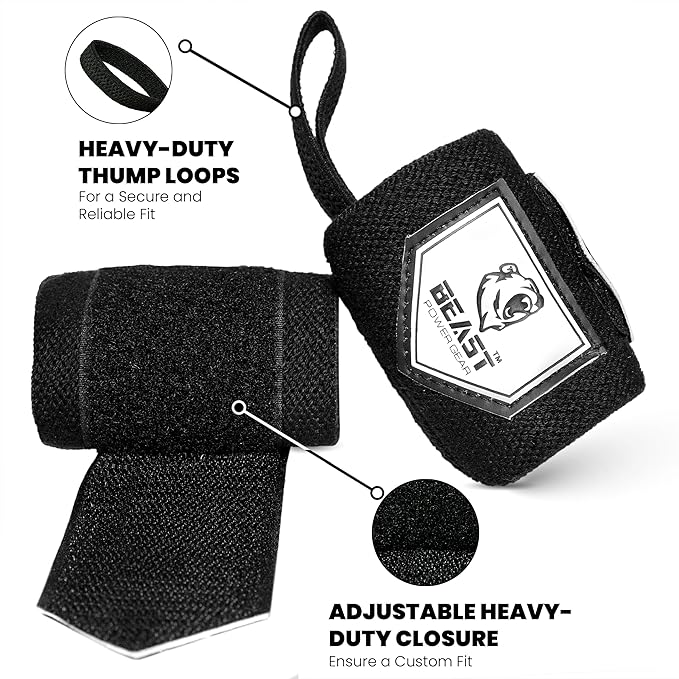 Beast Power Gear Wrist Wraps for Weightlifting 18” Premium Quality Wrist Support for Bodybuilding Heavy Duty Thumb Loop Powerlifting, Strength Training for Men and Women