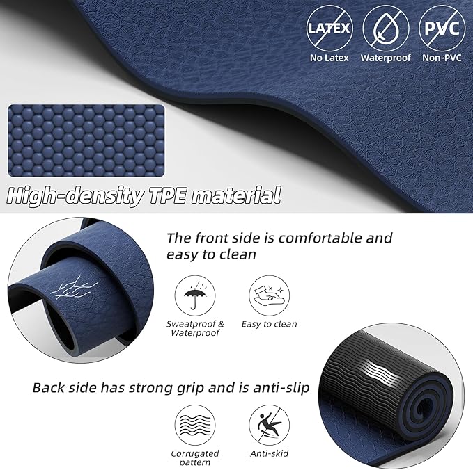 Large Yoga Mat 76"x 40"x10mm (2/5 inch) – Extra Thick & Wide, TPE Fitness Mat, Printed Non-Slip Exercise Mat with Carrying Strap for Men & Women, Pilates, Stretching, Fitness & Workout