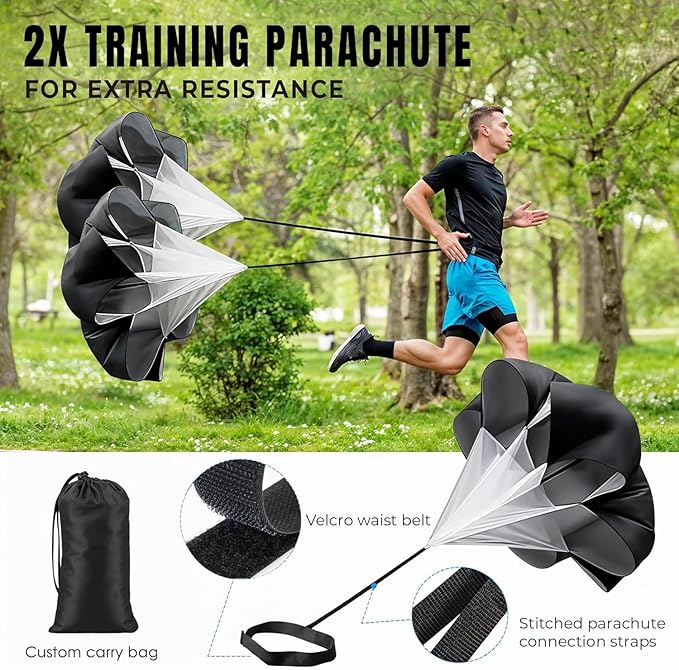 Complete Agility Ladder Training Set - 20ft Speed Ladder, 6 Adjustable Hurdles, 20 Cones, 5 Resistance Bands, 2 Speed Training Parachutes, Jump Rope, Nylon Carry Bag & Stakes