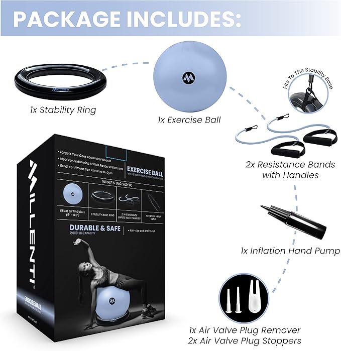 Millenti Exercise Ball Chair 65cm - Yoga Ball Chair Stability Base Ring Kit & Fitness Resistance Bands For Home, Gym Bundle, Pilates Ball, Office Chair, Birthing Ball For Pregnancy - With Workout Chart