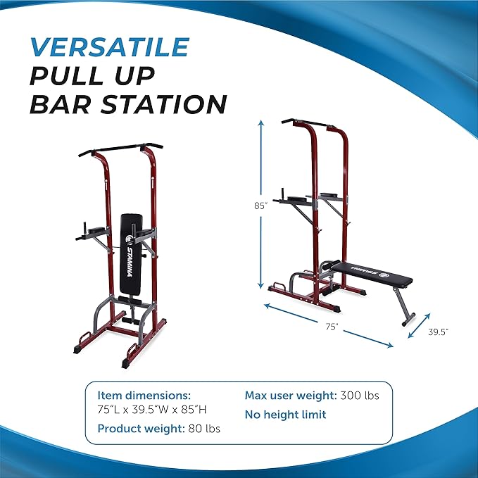 Stamina Full Body Power Tower 735 - Dip Bar with Built-in Bench and Rack - Pull Up Bar Station with Smart Workout App - Dip Bars for Home Workout - Up to 300 lbs Weight Capacity