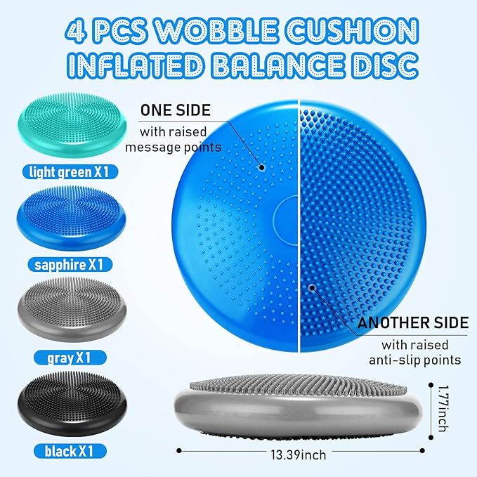 Sotiff 4 Pcs Inflated Wobble Cushion Wiggle Seat for Sensory Kids Flexible Seat for Classroom Wobble Disc with Inflation Pump Stability Balance Board for Adult Physical Therapy Exercise