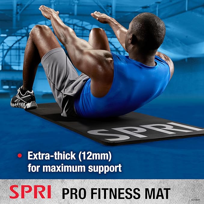 SPRI 12mm Pro Fitness Matt - Thick Exercise Mat for Floor Workouts, Sit-Ups, Push-Ups, Stretching, Toning, and General Fitness - Non-Slip Texture, Cushioned, Portable Rolling Mat with Carrying Strap